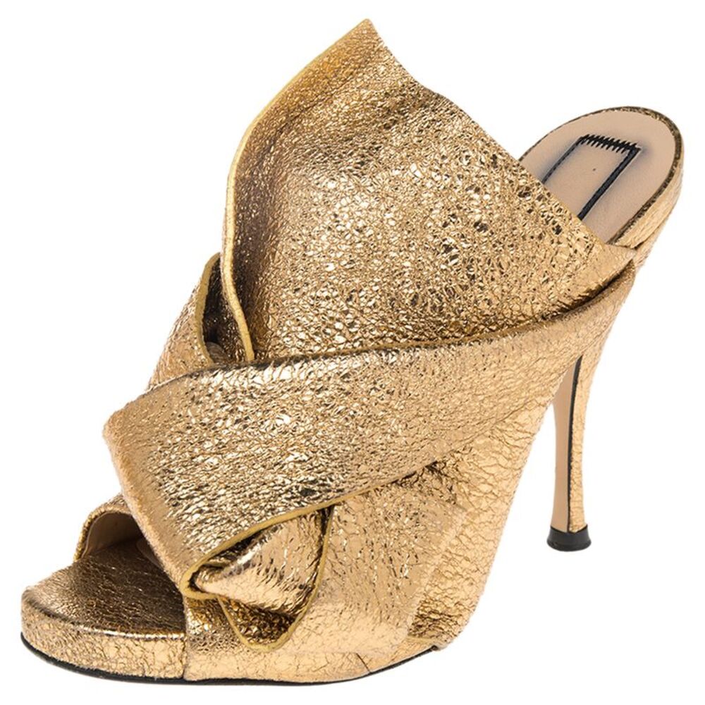N21  Glitter Knot  Gold Crackled Leather  Mule Sandals Size 36